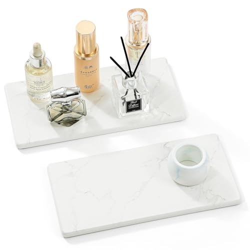 2PCS 10"x 5" Large Bathroom Sink Vanity Trays, Water Absorbing Diatomite Stone Quick Drying Mat for Kitchen Counter, Dish Rack Dispensers Sponge Holder Caddy Organizer, Marble White, 10"x 5" - color: 2 Pack - Marble White, size: 10" x 5"