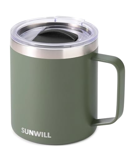 SUNWILL Travel Coffee Mug with Lid, Insulated Tumbler with Handle, 14 oz Stainless Steel Cup for Home, Office, Camping, Powder Coated Camp Green - color: Powder Coated Camp Green