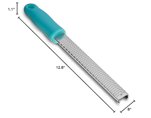 8-Inch Lemon Zester & Cheese Grater, 18/8 Stainless Steel, Blue | Fine 18/8 Stainless Steel Blade for Citrus, Parmesan, Ginger and Garlic, Soft Non-slip Handle, Cover, Dishwasher Safe - color: B-Blue