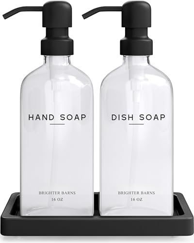 Glass Hand and Dish Soap Dispenser Set by Brighter Barns - Kitchen Soap Dispenser Set with Tray, Stainless Steel Pump - Glass Bottles for Sink - Black Kitchen Accessories for Home, Hotel, Gift (Clear) - color: Clear Hd