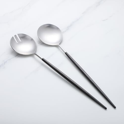 Salad Servers,Spoon and Fork Set 11.41 inch,18/10 Stainless Steel Salad Serving Titanium Plating (black silver) - color: Black/Silver