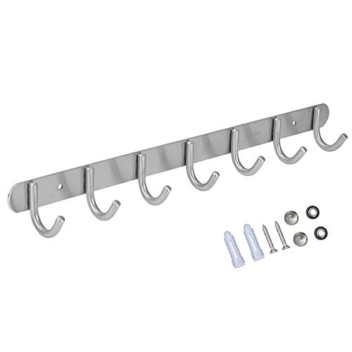 Towel Hook Rack Brushed Nickel - Sagmoc 17-Inch Coat Hook Rail Wall Mounted with 7 Round Hooks, Durable Wall Hangers for Bedroom, Bathroom, Foyer, Hallway (304 Stainless Steel) - size: 7R hooks