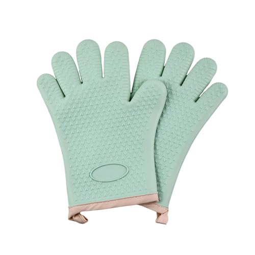 Silicone Oven Mitts, Non-Slip Waterproof Heat Resistant 450 Degrees Kitchen Gloves with Fingers, Cotton Lined Mitt for Grilling Cooking Baking - Mint Green (2 Pieces)