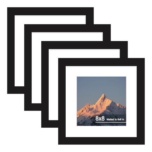 8x8 Picture Frame Set of 4 with Real Glass, Wall & Tabletop Display | Fits 6x6 with Mat or 8x8 without Mat, Crystal-Clear Viewing for Family Photos and Gallery Walls, Black - color: Black, size: 8x8 in