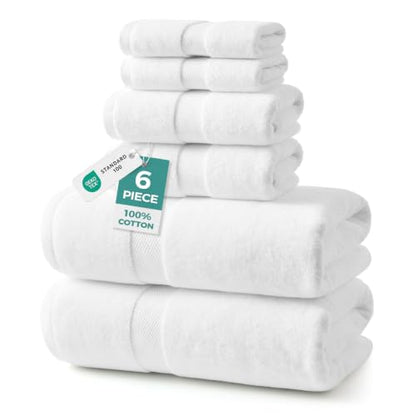 ecolook Ultra Soft 6-Piece Towel Set, 100% Cotton | Lighter Weight, Quick Dry, Highly Absorbent, 2 Bath, 2 Hand, 2 Washcloths, Perfect for Bathroom, White - color: White