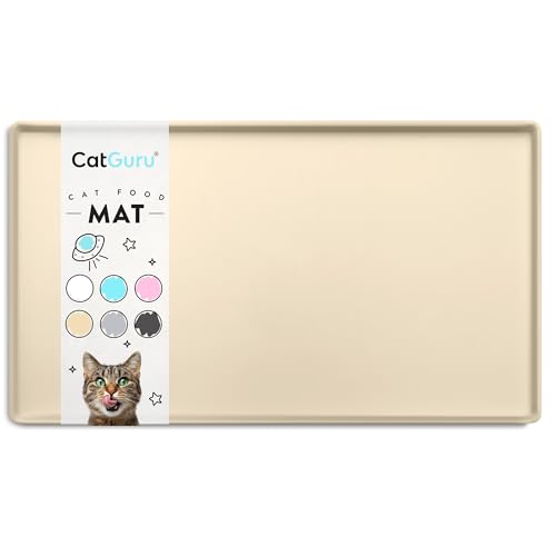 CatGuru Premium Cat Food Mat, Silicone Feeding Mat for Food and Water Bowls | Extra-high raised edge contains spills. Waterproof, non-slip 100% food-grade silicone protects floors/ Large, Sand - color: Sand, size: L: 24" x 14"