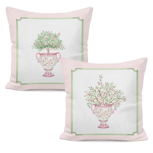 Pink Chinoiserie Floral Pillow Covers 18x18, Cottagecore Pink and Green Flower Botanical Decorative Pillow Covers for Home Baby Girl Room Nursery, Set of 2 - color: White-pink Chinoiserie Floral