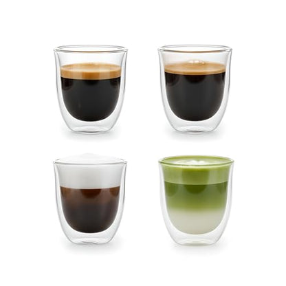 5oz Double Walled Espresso Cups, Set of 4 - Insulated Glass Coffee Mugs for Lungo, Double Espresso & Cappuccino - Clear Borosilicate Glassware Compatible with Nespresso & De'Longhi Machine