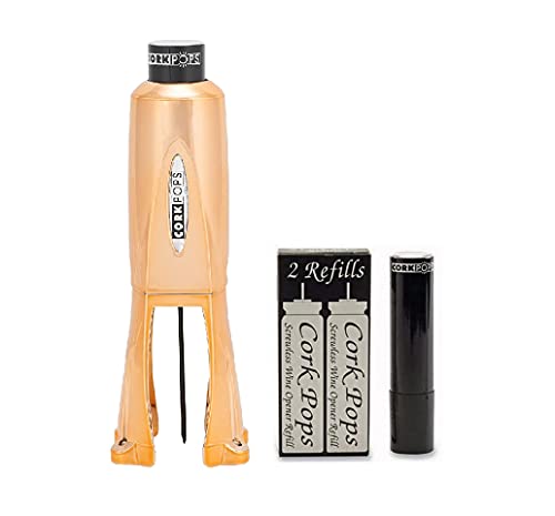 Cork Pops Legacy Wine Opener Built-in 4-Blade Foil Cutter Safe Cork Removal, Effortless Push Button Use, Needle Guard for Safety, Low-Pressure Cartridge Opens Up To 60 (Copper, With 3 Cartridges) - color: Copper, size: 3 Cartridges