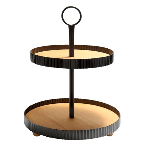 Wooden Two Tiered Tray Stand, Farmhouse Round 2 Tier Decorative Tray with Black Metal Floral Edge for Home Kitchen Table Decor, Serving Tray for Coffee Bar Party Weddding Holiday Decorations - color: Black