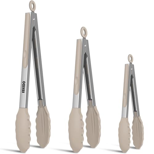 Kitchen Tongs, Stainless Steel Cooking Tongs with Silicone Tips | 600ºF High Heat-Resistant Non Scratch Locking Tongs for Cooking BBQ Grilling Air Fryer Pans, Set of 3 (7" 9" and 12") Beige - color: Beige, size: 7 + 9 + 12 inches