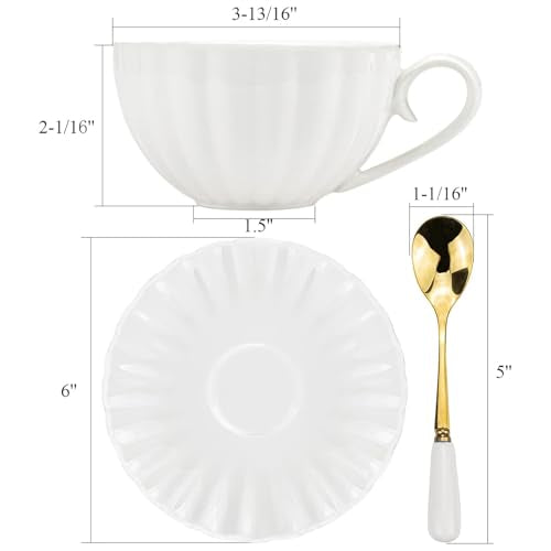 Yesland Set of 6 Royal Tea Cups and Saucers, 6 oz White Porcelain Tea Set & British Coffee Cups, White Latte Cups and Espresso Mug for Specialty Coffee Drinks, Latte, Cafe Mocha, Tea