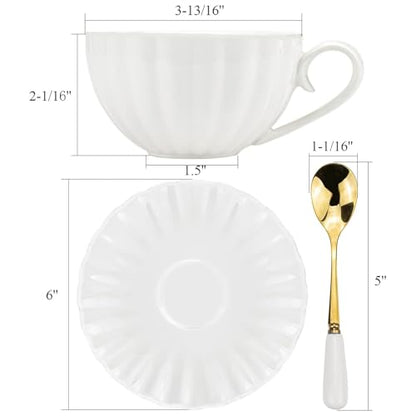 Yesland Set of 6 Royal Tea Cups and Saucers, 6 oz White Porcelain Tea Set & British Coffee Cups, White Latte Cups and Espresso Mug for Specialty Coffee Drinks, Latte, Cafe Mocha, Tea