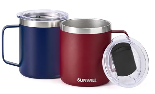 SUNWILL Travel Coffee Mug Set of 2, Insulated Tumbler with Lid, 14 oz Stainless Steel Cup with Handle for Camping, Office, Home, Powder Coated Navy Blue & Wine Red - color: Powder Coated Navy Blue & Wine Red