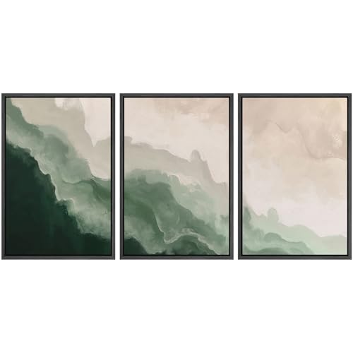 SIGNFORD Framed Canvas Print Wall Art Set Abstract Green Waves Illustration Modern Art Decorative Nordic Minimal Zen for Living Room, Bedroom, Office - 16"x24"x3 Black - color: A10-2411-yuk06, size: 16"x24"x3 Panels Black
