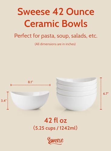 Sweese 42oz Porcelain Serving Bowls - Set of 4, 8-Inch White Bowls for Salad, Soup, Pasta & More - Microwave, Dishwasher & Oven Safe - size: 8.1 Inch