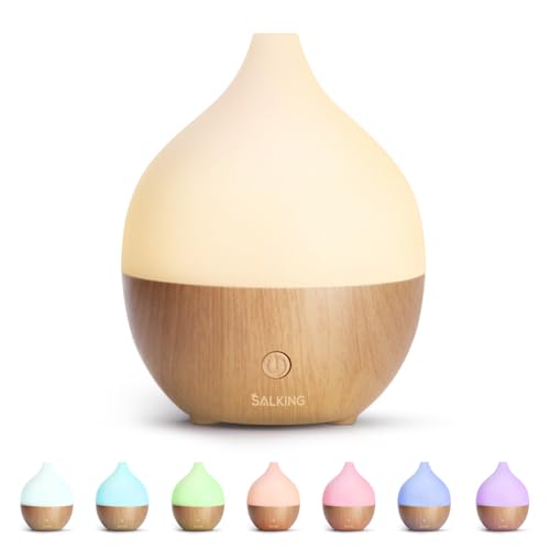 SALKING Essential Oil Diffuser for Home, 100ml Small Aromatherapy Diffuser | Ultrasonic Diffusers for Essential Oils, Warm White Lights, Cool Mist Humidifier with Auto Shut-Off, for Bedroom, Office - color: White + Wooden Grain