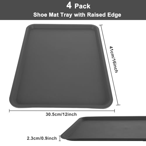 4 Pack 16 x 12 Inch Boot Trays for Entryway, Waterproof Shoe Mat Tray with Raised Edge, Outdoor Multi-Purpose Shoe Tray for Boots Shoes Garden Pets-Dark Gray