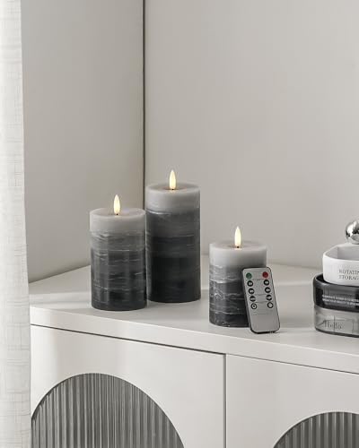 Stmarry Distressed Gradient Gray Flameless Candles with Remote and Timer, Real Wax Made LED Pillar Candles Battery Operated with 3D Flickering Flame - 3" x 4",5",6" - Set of 3 - color: Gradient Gray