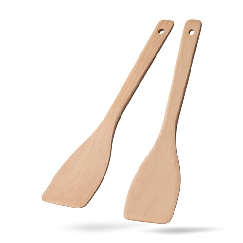Wooden Spatulas for Cooking, 2 Pack, 13 Inch, Uncoated Beech Wood | Thin flat edges help flip, stir and scrape; long handles provide comfortable reach and stay gentle on nonstick cookware. - color: Uncoated Beech Pale Yellow, size: Thin 13" Flat Edge