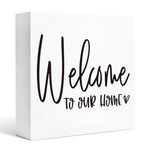 Modern Decorative Wooden Box Plaque, Welcome to Our Home Script Design White Wood Block Sign for Shelf Desk Tabletop Display, Rustic Farmhouse Accent 5x5 Inches - color: Homre Sign 2