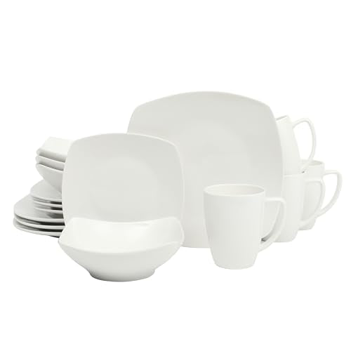 Gibson Home Zen Buffet White Porcelain Dinnerware Set for 4, Square Plates Bowls and Mugs, Chip and Scratch Resistant, Dishwasher and Microwave Safe, 16 Piece - color: Zen Buffet White, size: Service for 4 (16pcs)
