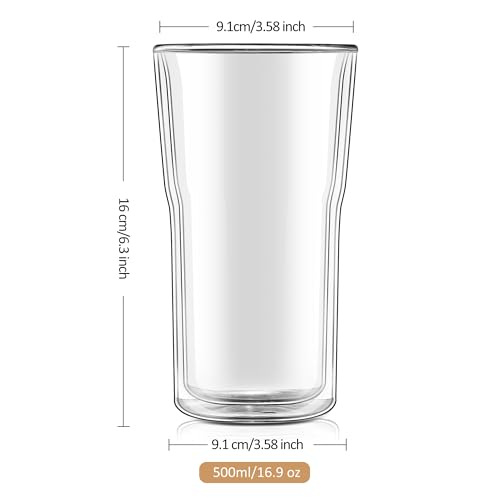 Joeyan Glass Double Walled Beer Drinking Glasses Tumbler 16 oz, Double Layer Tall Borosilicate Insulated Water Cocktail Glass Cups, Double Lined Thermo Tea Coffee Hot Beverage Glassware, Set of 2 - color: 450ml-Clear with handle