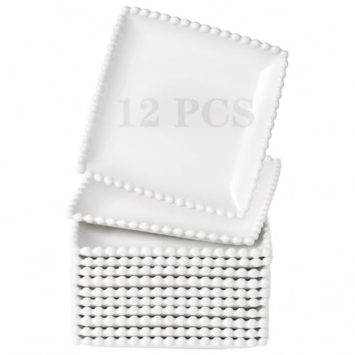 6 IN Porcelain Dessert Plates, White Appetizer Dinnerware, 12 Pcs | Square Pearl Dots, Scratch Resistant, Microwave Safe, Oven Safe, Dishwasher Safe - size: 6 Inch - 12P