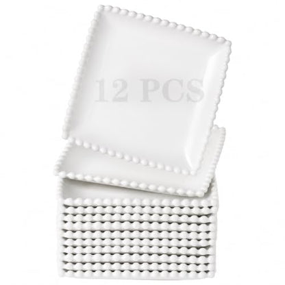 6 IN Porcelain Dessert Plates, White Appetizer Dinnerware, 12 Pcs | Square Pearl Dots, Scratch Resistant, Microwave Safe, Oven Safe, Dishwasher Safe - size: 6 Inch - 12P
