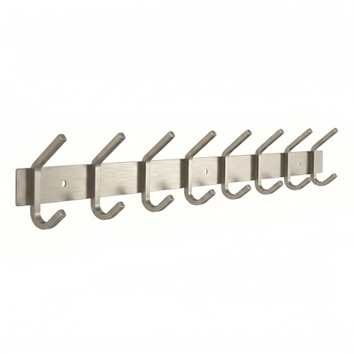 Coat Rack Wall Mount – Brushed Nickel 24 Inch Stainless Steel Hook Rail with 8 Heavy Duty Double Coat Hooks – Wall Mounted Coat Hanger for Entryway, Bathroom, Bedroom, Towel, Hat Organizer - color: Silver, size: 8 Hooks - 1 Pack