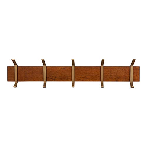 Kate and Laurel Rossmore Modern 5 Hook Shelf, Walnut and Gold, Mid-Century Coat Rack - color: Walnut Brown/Gold