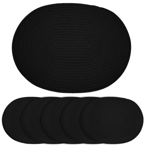 Oval Woven Cotton Placemats Set of 6, Thick Braided Rope Table Mats, 17 x 13 Inches Large Non Slip Heat Resistant Place Mats for Dining Table, Farmhouse Boho Hot Pads for Kitchen Decor (6, Black) - color: Black
