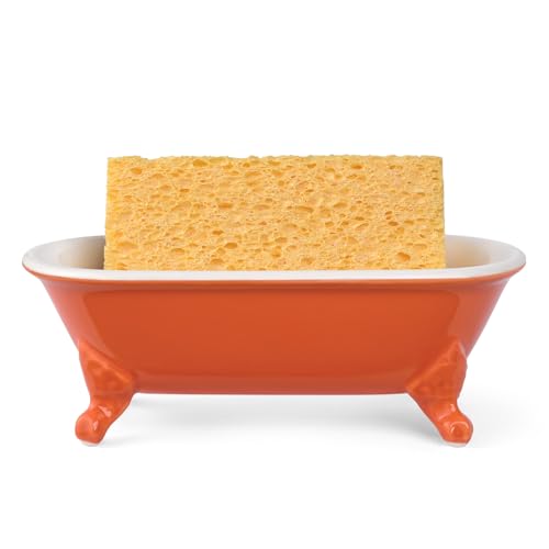6.5" Ceramic Mini Decorative Clawfoot Bathtub Bar Soap Dish, Kitchen Sponge Holder and Shower Tray for Bathroom, 1 Pack(Dark Orange) - color: Dark Orange