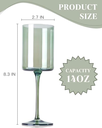 Green Square Wine Glasses Set of 6 - Hand Blown, Colorful With Tall Long Stems, Modern Set for All Occasions - 14oz - color: Sage Green