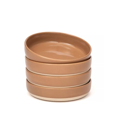 OTAGO 8" Stoneware Salad and Pasta Bowls Set of 4 with Partially Unglazed Base, Scratch Resistant Ceramic Dish Set, Microwave & Dishwasher Safe，Brown - color: Brown, size: 4 Pieces