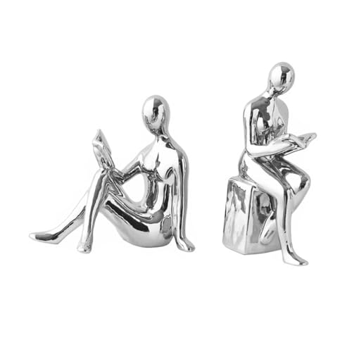 Modern Ceramic Silver-Plated Bookends Pair Decorative Reading Figurines for Home Office Aesthetic Desk Decor Unique Shelf Decorations for Living Room