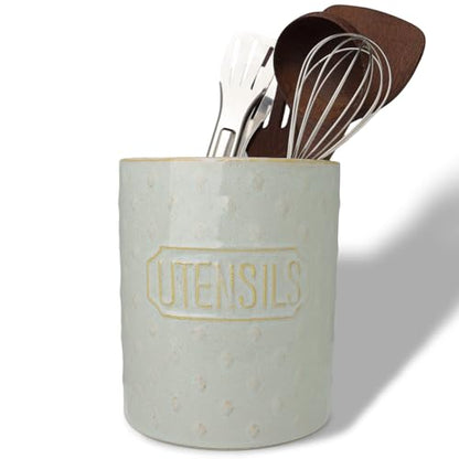 GDCZ Ceramic Utensil Holder 7 Inch, Utensil Crock for Countertop (Grey) | Large 7" Capacity, Sturdy Countertop Tool Organizer, Durable Ceramic, Embossed Utensils - color: Grey