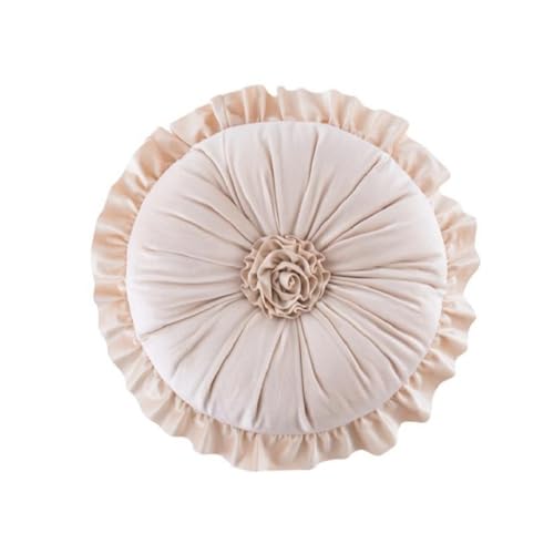 Round Velvet Ruffle Pillow,Round Throw Pillow,Boho Decorative Throw Pillow for Sofa, Bed, Chair, Car & Floor Seating,Floral Circle Cushion for Living Room, Home Decor (Beige) - color: Beige