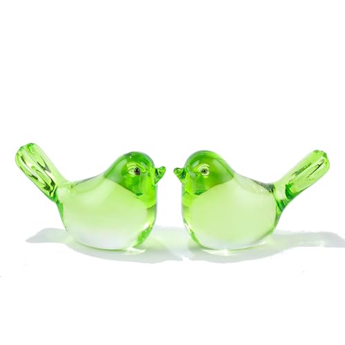 Qianwei 2pcs Green Glass Birds Figurine Handmade Blown Crystal Home Decor | Crystal Small Summer Bird Animals Collectible Figurines Office Desk Table Home Paperweight Decorations Cardinal Hummingbird - color: 2pcs Green