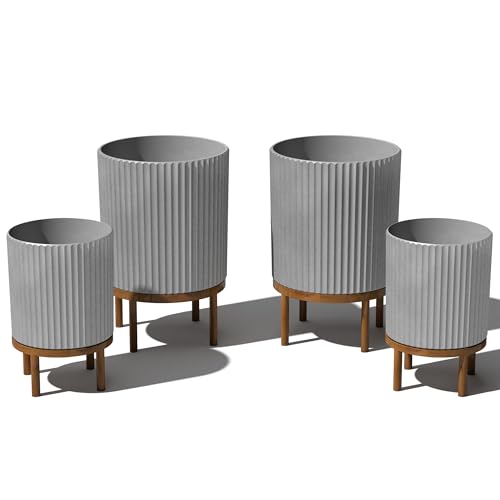 Veradek Demi Series Raised Duo Planters - Set of 2 Planters with Stands | Made From a Durable Plastic-Stone Composite & Comes With Wooden Stand. Modern Porch/Patio Décor - color: Gray/Brown, size: Bundle - 2 Pack