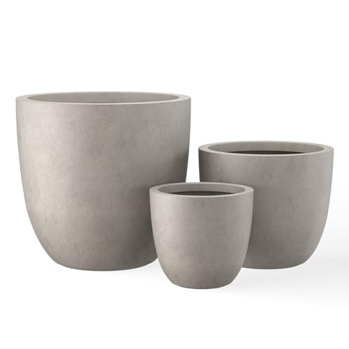 Kante Set of 3 Weathered Concrete Bowl Round Planters for Modern Home | Handcrafted, Premium, Durable, All-Weather Cement Pot, Drainage for Outdoor, Rubber Plug for Indoor Home, Anti-Frost & UV - color: Weathered Concrete, size: 18"d + 14"d + 10"d