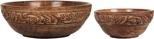 ETROVES Wooden Fruit Bowl Wood For Kitchen Counter Bowl Set for Food/Fruit/Salad - Carved Wood Bowls for Decor - Medium and Small Set of 2, Brown