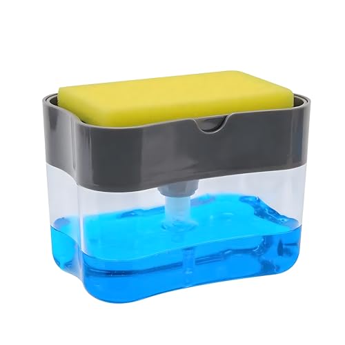Countertop Kitchen Dish Soap Dispenser and Sponge Holder.Sink Dish Washing Soap Dispenser with one Gentle Push 13 Ounces (Sponge Included)