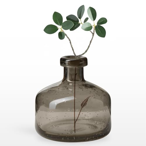 Torre & Tagus 5" Solid Gray Glass Vase for Flowers & Reed Diffuser Bottle, Mouth Blown & Watertight Clear Black Vases for Modern Home Decor, Wide Bud Vases for Shelf, Bookcase, or Wedding Gift (Tito) - color: Smoke Gray / Clear Black, size: 5 inch