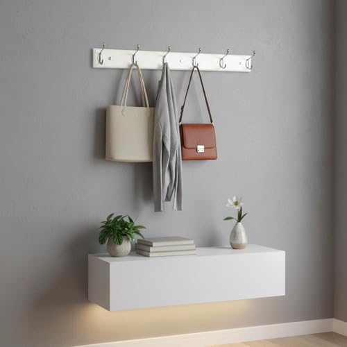 Wooden Wall Mounted Coat Rack – 25 Inch (65vcm), White with 6 Silver Hooks for Entryway, Hallway, Bedroom - size: Medium-25.6in(65cm),6 Silver Hooks, style: Modern