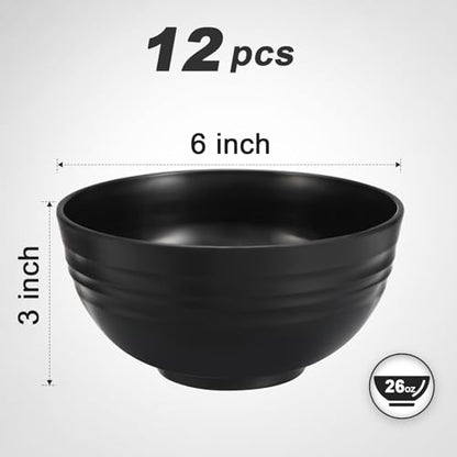 HEYCOME 12 Pcs Unbreakable Cereal Bowls Set, 26 Oz Wheat Straw Bowls Set, Microwave & Dishwasher Safe Bowls for Kitchen, Reusable Plastic Bowls for Soup, Salad and Snack, BPA Free, Black - color: Black