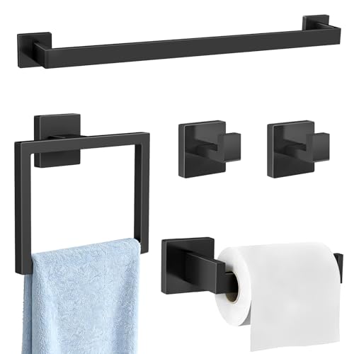 Gypie Bathroom Accessories Set Wall Mounted, 5-Piece 24In Matte Black | Stainless Steel Modern Wall Mount Towel Racks for Bathroom Towel Bar Set - color: Black 5 Piece, size: 24 Inch