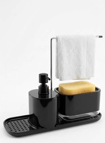 Kitchen Soap Dispenser 5 in 1 Set with Tray, Organizer, Sponge Holder and Dishcloth Holder, Hand and Dish Soap Dispenser for Kitchen Sink, Black Plastic Liquid Soap Dispenser Pump