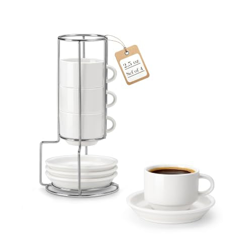 MALACASA 2.5 OZ Porcelain Espresso Cups with Saucers and Metal Stand Set of 4, Stackable Cappuccino Cups, White Expresso Shots Cup Set for Coffee Drinks, Latte, Tea - color: White, size: 2.5 Oz