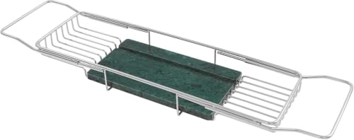 Expandable Stainless Steel Bathtub Caddy Tray with White Marble Board, | Extra Wide Rustproof Shelf, Book Tablet & Wine Glass Stand For Luxury Home Spa(Silver+Green) - color: Silver+green